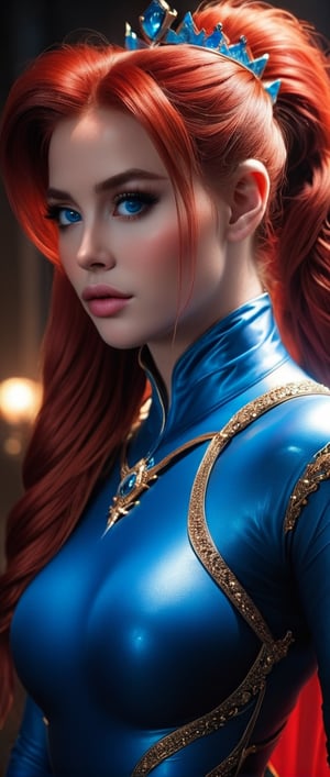 real, atmospheric scene, masterpiece, best quality, (detailed face, detail skin texture, ultra-detailed body),(cinematic light:1.1),PWHN, makeup, ponytail, blue eyes,  crown, body suite, red hair
