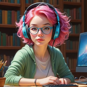 Make an oil painting of adorable female streamer sitting at her computer with her eyes closed, wearing headphones, has pink hair, librarian style glasses by James Christensen, awwChang, CGSociety, Illumination, Pixar, super crisp high fidelity, sunny day background