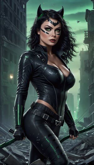 An epic cinematic shot of a 28 year old woman, black hair, green eyes, athletic body, wearing a Catwoman costume and walking confidently through the streets of a nighttime, destroyed city. Her presence stands out among the rubble, exuding sensuality and confidence as she determinedly navigates this post-apocalyptic setting.
