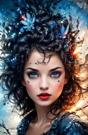 fantastically beautiful woman with huge expressive eyes, entwined with curly branches on which birds sit, a whirlwind of sparks, fantasy art, ultra-detailed, hyper-realistic, brush strokes, dark world, bokeh and shimmering dust, perfect lines, high-precision detail, grunge style, blue/ black/red/gray
,more detail XL