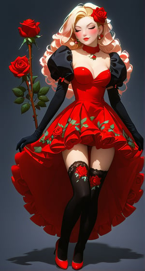 1girl, solo, (((breasts, blonde hair, hair ornament, thighhighs, gloves, dress, cleavage, medium breasts, standing, full body, closed eyes, flower, ahoge, puffy sleeves, black thighhighs, hair flower, rose, red dress, skirt hold, curtsey, nero claudius \(fate\), nero claudius \(fate/extra\))))