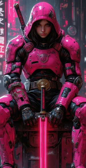 A pink and black cyberpunk samurai  sitting cross-legged, with a red-glowing swords in front. The cyberpunk landscape adds a futuristic touch to the assassin character. Cyberpunk anime art by Nroy95891.,illustr3alFlux,ILLUSTRANIME,REALNIME