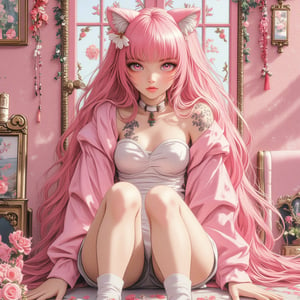 cute, adorable, pink hair, absurdly long hair, ((shiny skin, oiled skin)), wearing socks, cat ear, cat tail, pink theme, indoors, shy, blush, hanging legs, knees, feet, full body, ((white dress)), feet, toes, pink eyes, (bangs, long bangs), cute, adorable, ((anime 8k wallpaper, 1girl, solo)), (masterpiece, best quality:1.2), extremely detailed, soft ambient lighting, sharp focus, 4K,ILLUSTRANIME,Midjourney_Whisper