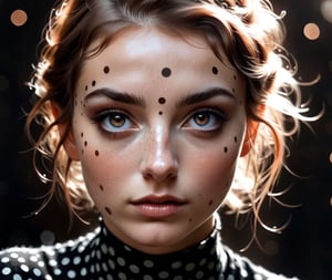 a woman is posing with freckled circles on her face, in the style of franciszek starowieyski, light silver and dark brown, skillful lighting, ivanovich pimenov, dino valls, polka dots, fairycore