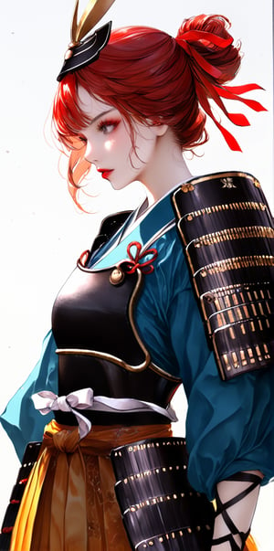 1girl,dressed in samurai-style armor, She wears traditional Japanese armor reminiscent of a samurai,Blue coat, yellow hakama ,The design blends elegance with strength, portraying her as a warrior princess,(Large red head ribbon), Adorning her head is with a faintly red ribbon tied, shining brightly, warrior samurai, score_9