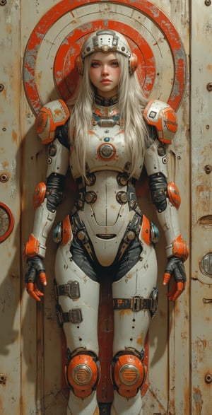 A realistic digital artwork depicts a cybernetic woman character .she has long platinum hair, framing her face and blending with the mechanical elements. The character wears a vibrant white and neon orange glow cybernetic armor suit with intricate mechanical components,The armor covers her upper body, featuring a mix of mechanical elements.Attached to her back are teal mechanical wings with intricate designs, control panels, Her head is fitted with a matching helmet that has a large circular neon orange glow sensor or visor on the side, integrated communication devices,Black wires and cables extend from the helmet, connecting to various parts of the armor, Her expression is serene and contemplative, suggesting a state of rest or meditation. The character's pose is relaxed, standing against a worn wall painted in burnt orange and cream colors, The background features symbol on a beige wall with circuit-like patterns, rust marks, scratches, and dark spots, adding to the industrial aesthetic. The lighting is soft and diffused, creating gentle shadows and highlights that enhance the textures of the metallic surfaces. The color palette consists of red, white, gray, orange, and rust red,neon orange, with high saturation and moderate contrast, contributing to the cyberpunk aesthetic and creating a balanced, harmonious visual effect, illustr3alFlux,ILLUSTRANIME,REALNIME