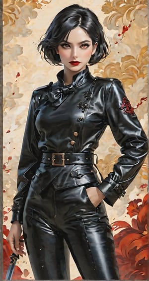 a woman stands against a cream-colored backdrop. She is dressed in a black leather outfit, adorned with a black bow on her head. Her hair is styled in a bob, adding a touch of warmth to her outfit. Her eyes are adorned with red lipstick. Her lips are painted a deep red, adding contrast to the overall composition. The outfit she is wearing is adorned with black and blue floral patterns, while her hands are draped across her body. She holds a black sword in her right hand.