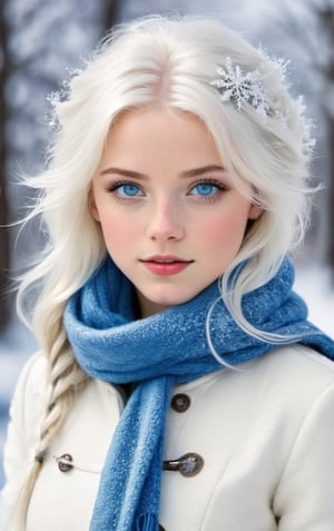 (Snow Girl:1.2), (snowflake white hair:1.4), ((Blue eyes, cold and beautiful):1.5), ((White coat, fluffy and warm):1.2), (blue scarf:1.3), (Snow boots:1.3), (snowman:1.2)
