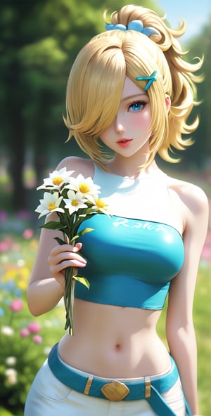 1girl, solo, (((breasts, blue eyes, blonde hair, hair ornament, navel, holding, bare shoulders, ponytail, flower, outdoors, hairclip, midriff, belt, hair over one eye, blurry, lips, crop top, blurry background, holding flower)))