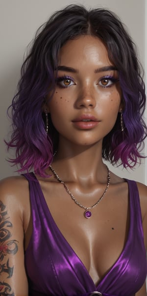 1girl, solo, breasts, looking at viewer, bangs, black hair, dress, cleavage, bare shoulders, brown eyes, jewelry, medium breasts, collarbone, upper body, purple hair, multicolored hair, earrings, parted lips, sleeveless, dark skin, medium hair, necklace, mole, two-tone hair, dark-skinned female, lips, eyelashes, mole under eye, tattoo, gradient hair, makeup, sleeveless dress, piercing, ear piercing, purple dress, freckles, realistic, nose, arm tattoo, mascara,dal-1,3D