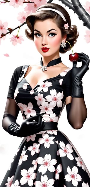 a  woman (((cherry blossom))) in a  1960  black and white   dress, with lage gloves  , retro , girl pinup, image,  pinup style, hd illustration, 1950s pin up style, style, pin up girl, color illustration, digitally colored,detailmaster2