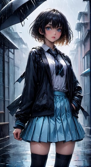 chest, black socks, the background is rain ,honkai star raill, ,Perfect Hands, torinoaqua style, school uniform, black skirt