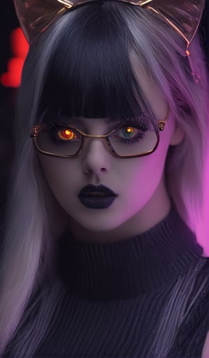 (masterpiece, top quality, best, official art, beautiful and aesthetic:1.2), looking up, (beautiful detailed face), (beautiful detailed eyes:1.2), (Glowing golden eyes:1.2), | multicolored hair hair, solo, neon hair, black eye shadow, (collar, gloves), | symetrical and detailed clothes, | Cyberpunk, smoky, neon lights, night, stage,| bokeh, depht of field, | hyperealistic shadows, smooth detailed, Frost, Cyberpunk, neon, cables, black lips, black lipstick, spread fingers, touch face, hands across face, hands holding face, hands cupping face, laughter ,Niji Kei. facing viewer, gold clothes, Cybernetics, Madness, Cat earphones, fangs, Cat ears, gold backless dress, happy, tattoo, glasses.
