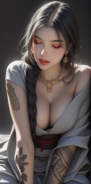 1girl, solo, long hair, breasts, large breasts, black hair, cleavage, jewelry, sitting, closed eyes, braid, earrings, parted lips, japanese clothes, kimono, necklace, off shoulder, lips, single braid, tattoo, makeup, hair over shoulder, arm tattoo,dal-1
