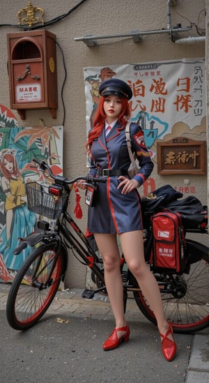 mailgirl, mailbox_\(incoming_mail\), bicycle, mailbag, uniform,, (masterpiece:1.3), (best_quality:1.3), (ultra_detailed:1.3), 8k, extremely_clear, realism, (ultrarealistic:1.3),, insane details, intricate details, hyperdetailed, ultra detailed, extreme detailed, highest detailed, high_detail, colorful, beautiful, hdr, photorealistic, highres, ultra_high_res, photography, aesthetic, extremely_delicate,, 1girl, red long hair,  female_solo, wide_shot,  SamuraiArt.