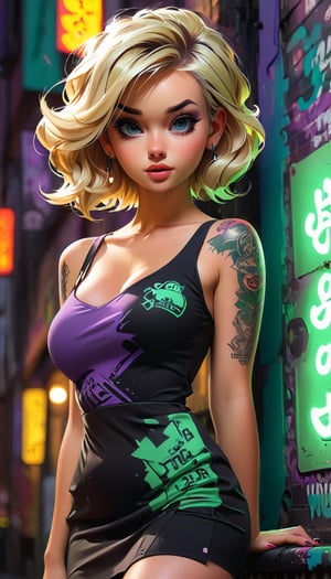 highly detailed portrait of blonde tatto girl mini dress by atey ghailan, by greg rutkowski, by greg tocchini, by james gilleard, by joe fenton, by kaethe butcher, gradient green, black, purple, neon color scheme, grunge aesthetic! ! ! graffiti tag night club wall background
