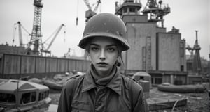 A solemn girl soldier with a weary expression, standing against an industrial backdrop of cranes and concrete structures | black and white photograph with high contrast, capturing the gritty, emotional atmosphere | vintage film texture, somber mood