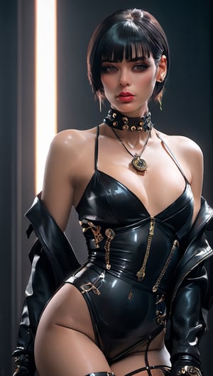 In a dimly lit, smoky cyberpunk club, a femme fatale cyborg sits solo, her mechanical joints gleaming in the flickering light. Her striking features, framed by short hair and bangs, are adorned with jewelry and a black choker. A cigarette dangles from her lips as she pets a snake that gazes directly at the viewer. She wears a revealing seethrough kimono, paired with Japanese-style earrings, and holds a katana surrounded by the dark, gritty atmosphere. Her gaze is sultry, exuding an air of sexy sophistication, as if inviting the viewer to enter her world. The scene is set in a Conrad Roset-inspired style, with a focus on dark, muted tones and industrial textures.,core_9,scary, (masterpiece:1.2),schpicy style
