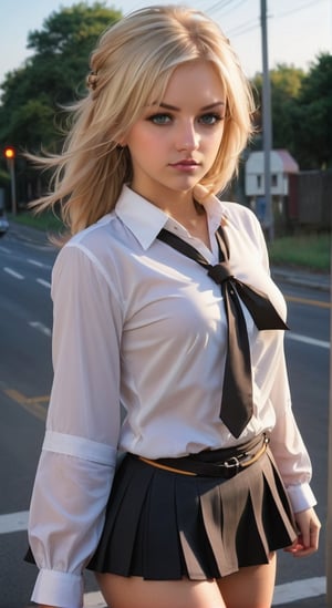 A naughty school girl, blonde hair, tight blouse tied at waist, on a cross road, Rembrandt lighting, modern style 