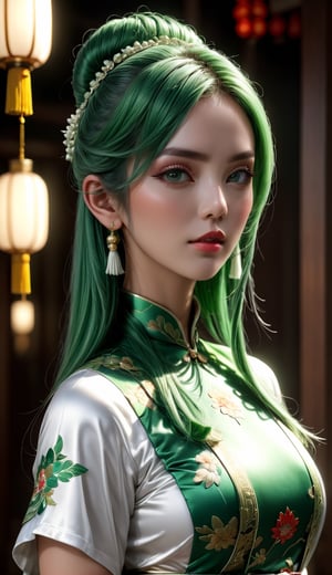 ((Best Quality)), ((Masterpiece)), (Details: 1.4), 3D, A Beautiful Female Figure, HDR (High Dynamic Range), Ancient Chinese Costumes, Satin Clothing, Feminine and Sexy, White Cheongsam, Green Hair Accessories, Tassel Earrings, Ray Tracing, NVIDIA RTX, Super-Resolution, Unreal 5, Subsurface Scattering, PBR Textures, Post Processing, Anisotropic Filtering, Depth of Field, Maximum Sharpness and Clarity, Multi-layer textures, albedo and specular mapping, surface shading, accurate simulation of light-material interactions, perfect proportions, Octane Render, two-color light, large aperture, low ISO, white balance, rule of thirds, 8K RAW, ultra-fine detail facial features, facial details, finger details