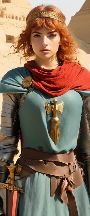 arafed woman in a medieval dress with a red head scarf, imogen poots as a holy warrior, imogen poots as holy paladin, as egyptian, womanas driada, imogen poots paladin, ana de armas as joan of arc, imogen poots as a paladin