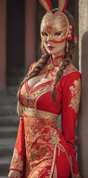 1girl, (((very long braided hair))), large breasts, dressed as a bunny girl with a Chinese-inspired twist, (((Her outfit combines the classic bunny girl elements with traditional Chinese design))), featuring a bodice with intricate embroidery and vibrant red and gold colors. She wears a ((Nose Masquerade Mask)), adorned with delicate patterns and embellishments that complement her outfit. The ensemble merges playful elegance with cultural richness,
,dal-1