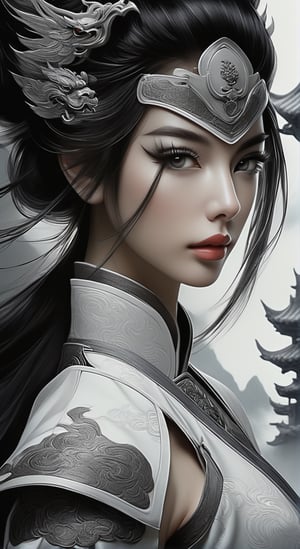 Chinese swordsman, warrior girl, in the style of editorial illustrations, 32k uhd, monochromatic artworks, white and gray, detailed portraits, loish, fantastical
