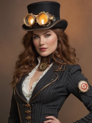 (((A stunning sexy woman in steampunk))) Under the warm glow of bulbs, she dons a top hat with the iconic Gucci stripe, an emblem of timeless luxury at the crossroads of worlds. Her gaze is as captivating as the golden age she evokes, framed by the soft curls and the gleam of brass goggles that whisper tales of airship adventures. With each button and stripe, she crafts a narrative of elegance, a blend of the high fashion runways and the industrial revolution. This is the portrait of a steampunk muse, a siren song to the romantics and the rebels, a blend of history, fantasy, and unapologetic sophistication. Step into the light, where the past is reimagined and every detail tells a story of daring dreams and defiant grace. ,Movie Still