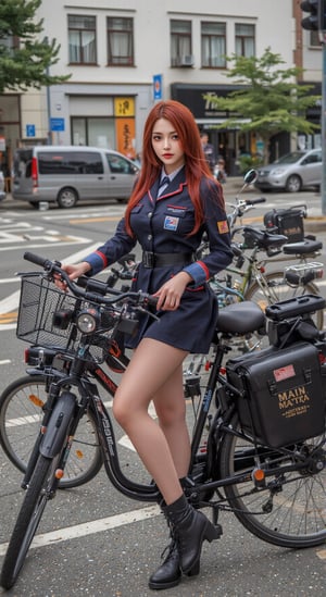 mailgirl, mailbox_\(incoming_mail\), bicycle, mailbag, uniform,, (masterpiece:1.3), (best_quality:1.3), (ultra_detailed:1.3), 8k, extremely_clear, realism, (ultrarealistic:1.3),, insane details, intricate details, hyperdetailed, ultra detailed, extreme detailed, highest detailed, high_detail, colorful, beautiful, hdr, photorealistic, highres, ultra_high_res, photography, aesthetic, extremely_delicate,, 1girl, red long hair,  female_solo, wide_shot,  SamuraiArt.