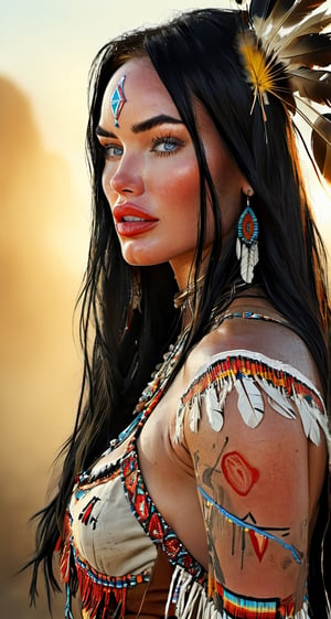 photorealistic digital painting portrait of most beautiful megan fox as Native American in the Wild West. Wearing traditional clothing with intricate beadwork. standing in the middle of the native village looking into the sunset. by Frank Frazetta, luis royo and pablo picasso, hyper detailed image, detailed face, natural skin, dramatic, 2.5D, Ultra-HD, HDR, Spotlight, studio Ligh