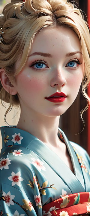 1girl, solo, looking at viewer, blue eyes, blonde hair, hair ornament, upper body, parted lips, japanese clothes, kimono, lips, pale skin, freckles, realistic, nose, red lips