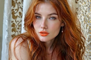 1girl, solo, long hair, breasts, looking at viewer, jewelry, earrings, parted lips, orange hair, lips, head tilt