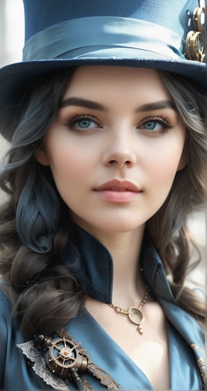 A photorealistic close up of a beautiful woman with downcast eyes wearing a steampunk style blue hat and dress, beautiful character painting,  stunning character art, digital art of an elegant, elegant digital painting, steampunk digital photo