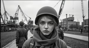 A solemn girl soldier with a weary expression, standing against an industrial backdrop of cranes and concrete structures | black and white photograph with high contrast, capturing the gritty, emotional atmosphere | vintage film texture, somber mood