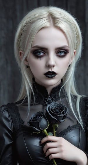 Highy detailed image, cinematic shot, (bright and intense:1.2), wide shot, perfect centralization, side view, dynamic pose, crisp, defined, HQ, detailed, HD, dynamic light & pose, motion, moody, intricate, 1girl, blonde  (((goth))) holding a black rose, attractive, clear facial expression, perfect hands, emotional, hyperrealistic inspired by necronomicon art, my baby just cares for me, fantasy horror art, photorealistic dark concept art
,goth person