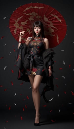 Beautiful Girl holding Chinese umbrella full body and with black Cheongsam, full body , sexy body and A lot of feather fell down., beautiful , girl , tattoo , Her face looks like an Asian girl , bangs, long hair ,straight hair,black hair, red lip , Cheongsam and high-heels, full effect ,Dark tones , 3D rendering, UHD , Detailed images, SamuraiArt,aidmaMJ6.1