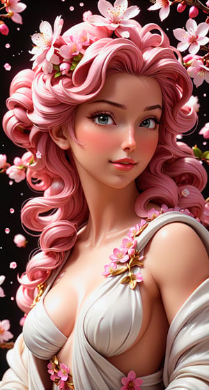 close-up upper body portrait: milk streams flooding sinful living flower statue of Venus in a flowing robe of sakura flowers anime style glittering glamor bright pink voluptuous attractive detailed eyecandy breathtaking masterpiece perfect crafted flower statue created by Michelangelo polished intricate sakura cinema epic 4d epic master crafted hyper-detailed portrait dynamic volumetric lighting hyper-realistic photorealistic octane render, by greg rutkowski, perfect detailed face, perfect detailed hair, perfect composition, symmetry