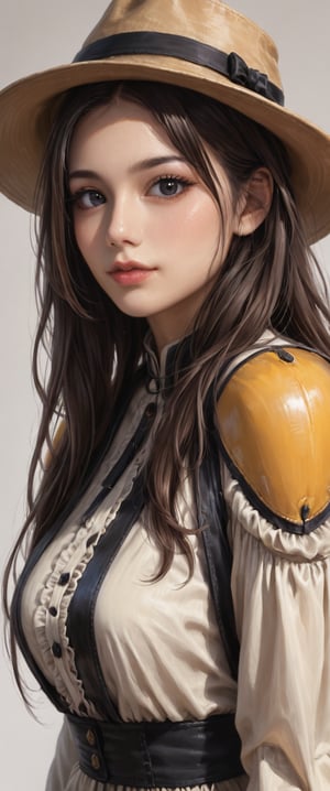 1girl, solo, long hair, breasts, looking at viewer, brown hair, black hair, hat, upper body, black eyes, lips, gradient background, clothing cutout, realistic, nose, shoulder cutout, yellow headwear