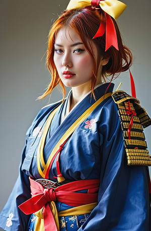 1girl,dressed in samurai-style armor, She wears traditional Japanese armor reminiscent of a samurai,Blue coat, yellow hakama ,The design blends elegance with strength, portraying her as a warrior princess,(Large red head ribbon), Adorning her head is with a faintly red ribbon tied, shining brightly, warrior samurai, score_9