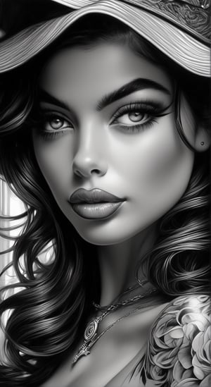 female, fantasy, beauty, in the style of noir comic art, realistic hyper-detailed portraits, tattoo, black and white grayscale, chicano art, realistic yet romantic, flowing lines