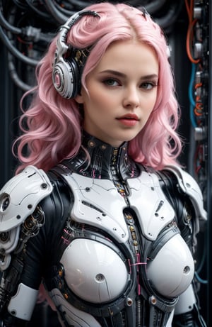 Sexy woman,big boobs, full size, Long wavy, light pink hair, complex 3d render ultra detailed of a beautiful porcelain, woman android, cyborg, robotic parts, beautiful studio soft light, rim light, vibrant details, luxurious cyberpunk, lace, hyper realistic, anatomical, muscles, cable electric wires, microchip, elegant, beautiful background, octane render, H.R. Giger style
