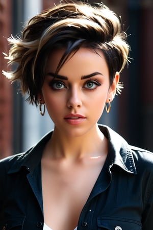 A dramatic portrait of a young woman with a stylish haircut and piercing eyes. The photo is shot in a high-contrast style, with strong shadows and highlights, emphasizing the model's sharp features. The photo was taken with a film camera, using a fast prime lens, which gives the image a gritty and raw feel. The portrait is perfect for use in fashion magazines, advertising campaigns, or as a striking wall art print.