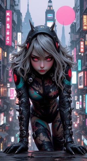 a futuristic female vigilante with short, flowing silver hair with long bangs. The character is in a low, crouched position, ready to spring into action, one hand touching the ground for balance atop a skyscraper with strong wind blowing in a bustling cyberpunk city. She is dressed in a black, armored carbon fiber suit with red, green and blue accents, featuring numerous straps and a hood with pointed tips. She wears black leather fingerless gloves, fake nails, nail polish.  Her glowing red eyes with slit pupils are visible through a sleek black mas. The background reveals a sprawling cityscape with neon lights, holographic advertisements, and towering buildings, with the crimson moon hanging low in the sky, casting an ominous glow over the scene. motion lines effect, anime screencap,extremely detail background consist of detailed building, environment, vegetation, sky, with sharp and precise detail, lossless detail, anime style,REALNIME, QTGIRLREAL,ILLUSTRANIME