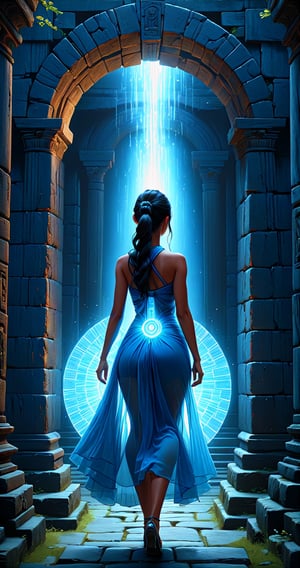 Back view woman in blue transparent dress walking into mysterious glowing portal in wall of ancient temple, dark hair in ponytail, Portal Picture Collection, Espen Olsen fantasy, intricate, hyperrealistic, 4K 3D Unreal Engine, VRay, Hajime Sorayama Simon Stålenhag