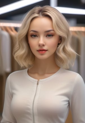 a (selfie) of a pretty russian 1girl, Skin luster, Rembrandt lighting, wearing counseling psychologist outfits, (infrared hair, retriever hair), Various postures, embarrassed, small breasts, in the (clothing store), her peaceful expression and gentle breathing create a calming atmosphere, natural skin texture, hyperrealism, hdr, hyperdetailed, RAW photo, photorealistic, best quality, highres, realistic, 8k, caustics, dynamic light, beautiful and delicate lips, delicate fingers, detailed pupil, real human skin