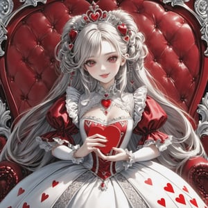 3d, uhd, digital art. white porcelain, red queen of hearts with a smiling flirty expression & white Victorian rococo styled hair, decorated with white diamonds and red hearts like the playing card, exquisitely decorated, with attention to delicate fine details. elegant queen of hearts wallpaper, porcelain white, chrome/silver/filigree and red Resin with red accents, silver highlights ,photo r3al