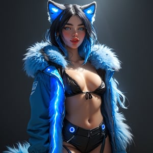 Loona, Sexy Female, Anthro, Wolf, Anime Style, flourescent lights, 2 toned split hair black and blue, large fluffy tail, fully clothed, Full body, female, high-resolution, details, quality. Epic. sexy, illustration, dynamic. bright, Epic, Daytime, controling the elements, 2 tone fur colors, beauty, trippy, sun beauty, yiff art, Hyper realistic, photo realistic, and 8k, HD, Full photo detail, best quality, highest quality, masterpiece, absurd resolution, high resolution, Ultra HD, super-resolution, megapixel, ultra-realistic, clean picture, smooth picture, high details, high intricate details, an absurd detail, good Quality