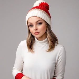 A woman in a knitted hat with a pom pom, white and beige (((red border color)))