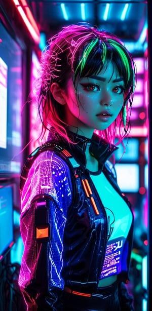 gritty raw street photography,(an arrogant japanese 21 year old woman hacker), surrounded by large computer monitors,body illuminated by florescent light,soft neon backlighing, visible detailed skin, realistic skin texture,extremely detailed,(hyper realistic:1.2),(best quality:1.5),(best image:1.5),(film grain:1.1),(bokeh effect:1.1),(deep focus),(depth of field),(eye catchlights:1.1)