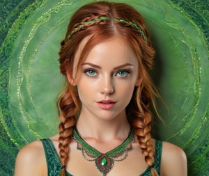 young woman, Red hair, one braid, green-brown eyes, medium breast, (masterpiece:1.5, best quality),(best quality hands:1.5),(best quality face:1.5),(best quality eyes:1.5), official art, unity 8k wallpaper, ultra detailed, beautiful and aesthetic, beautiful, masterpiece, best quality, (zentangle, mandala, tangle, entangle),
